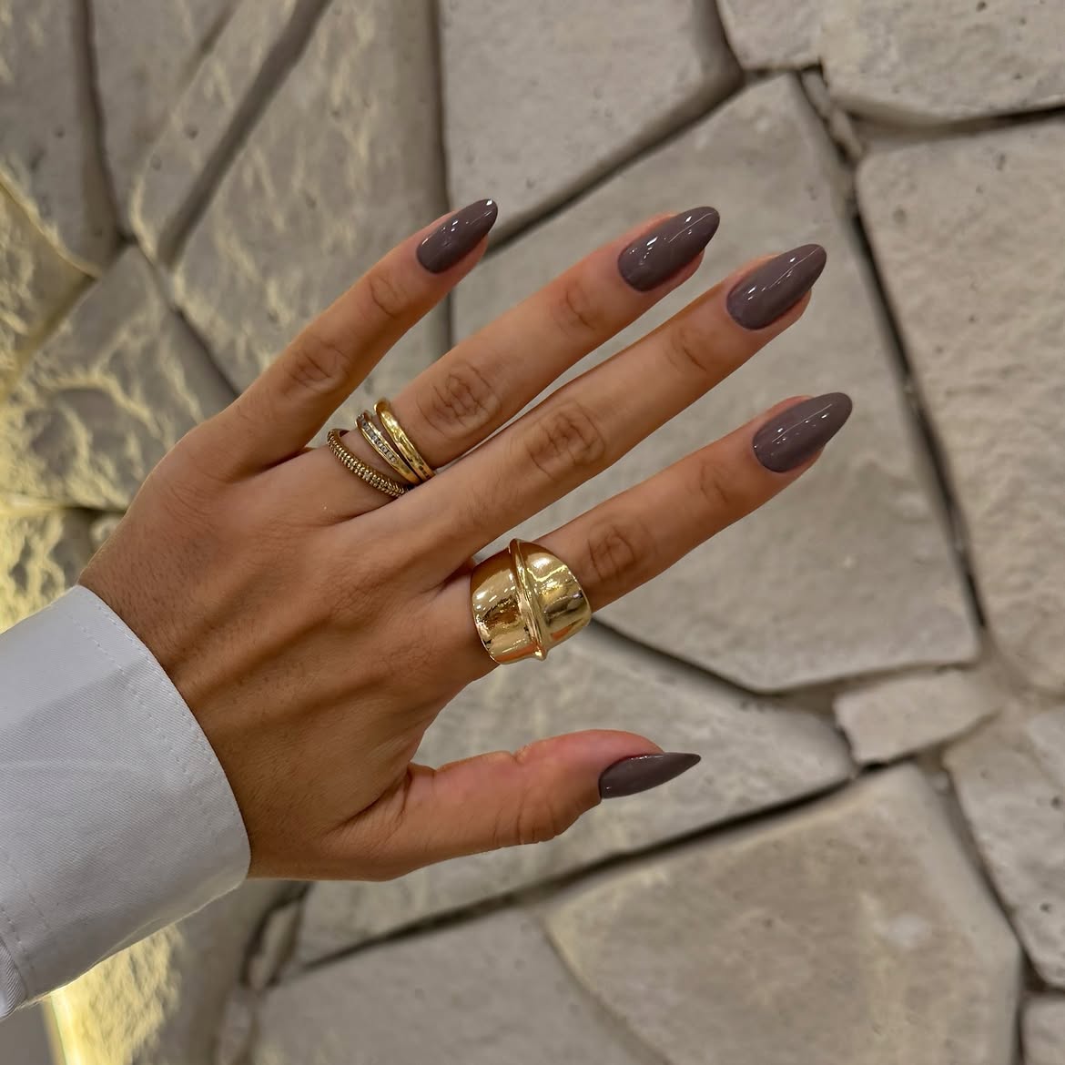 Glossy Taupe Almond Fall Nails