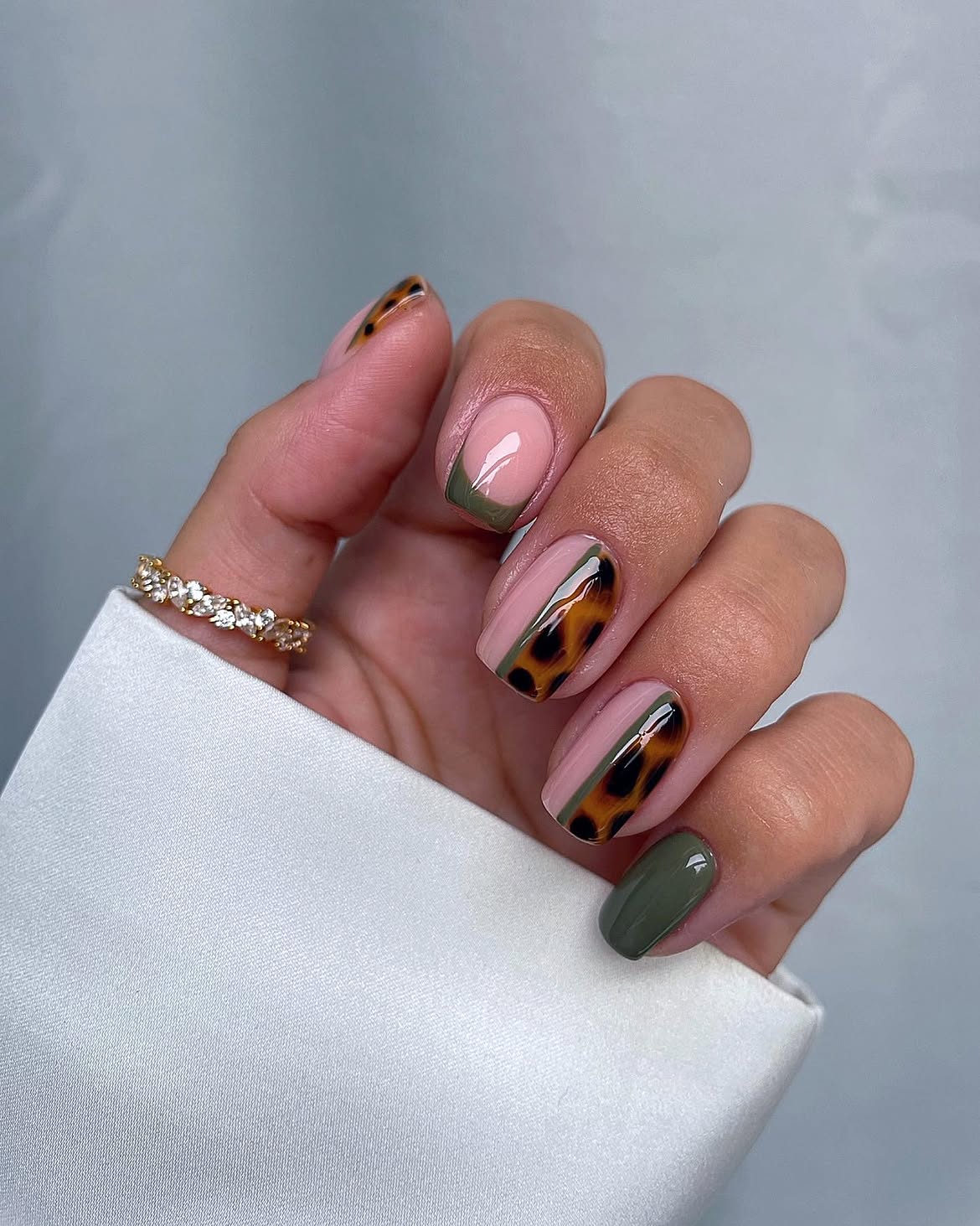 Glossy Tortoiseshell French Tip with Olive Green