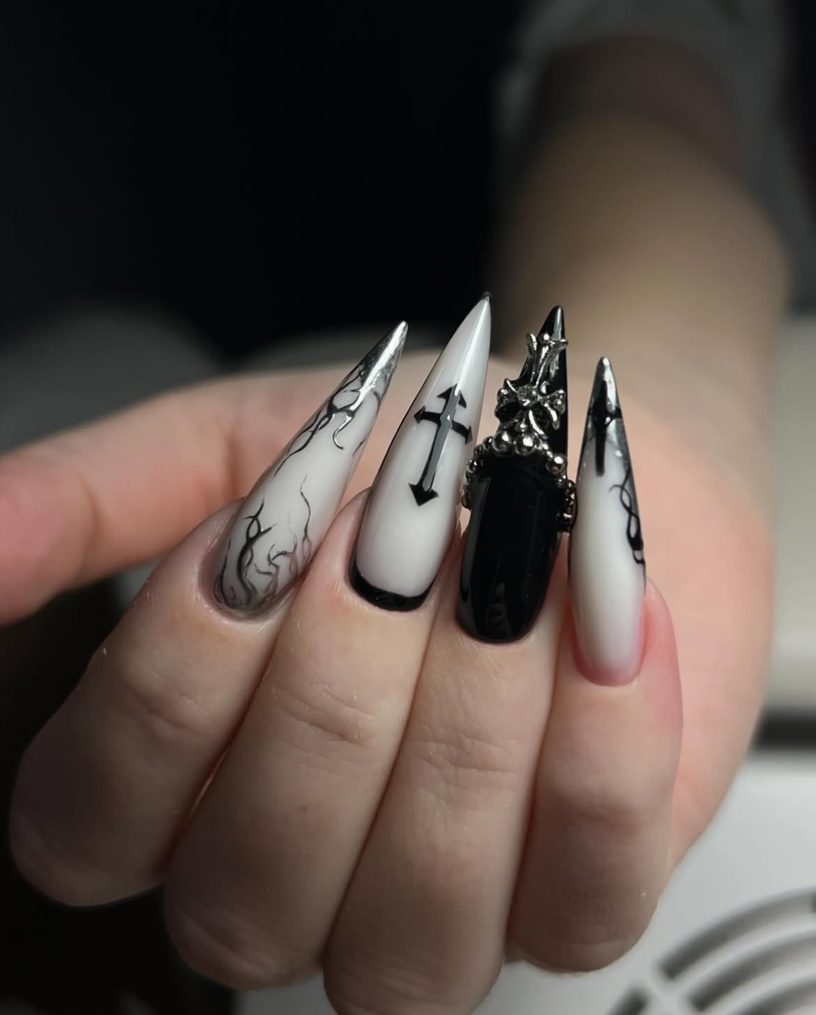 Gothic Black and White Stiletto Nails with Cross Art