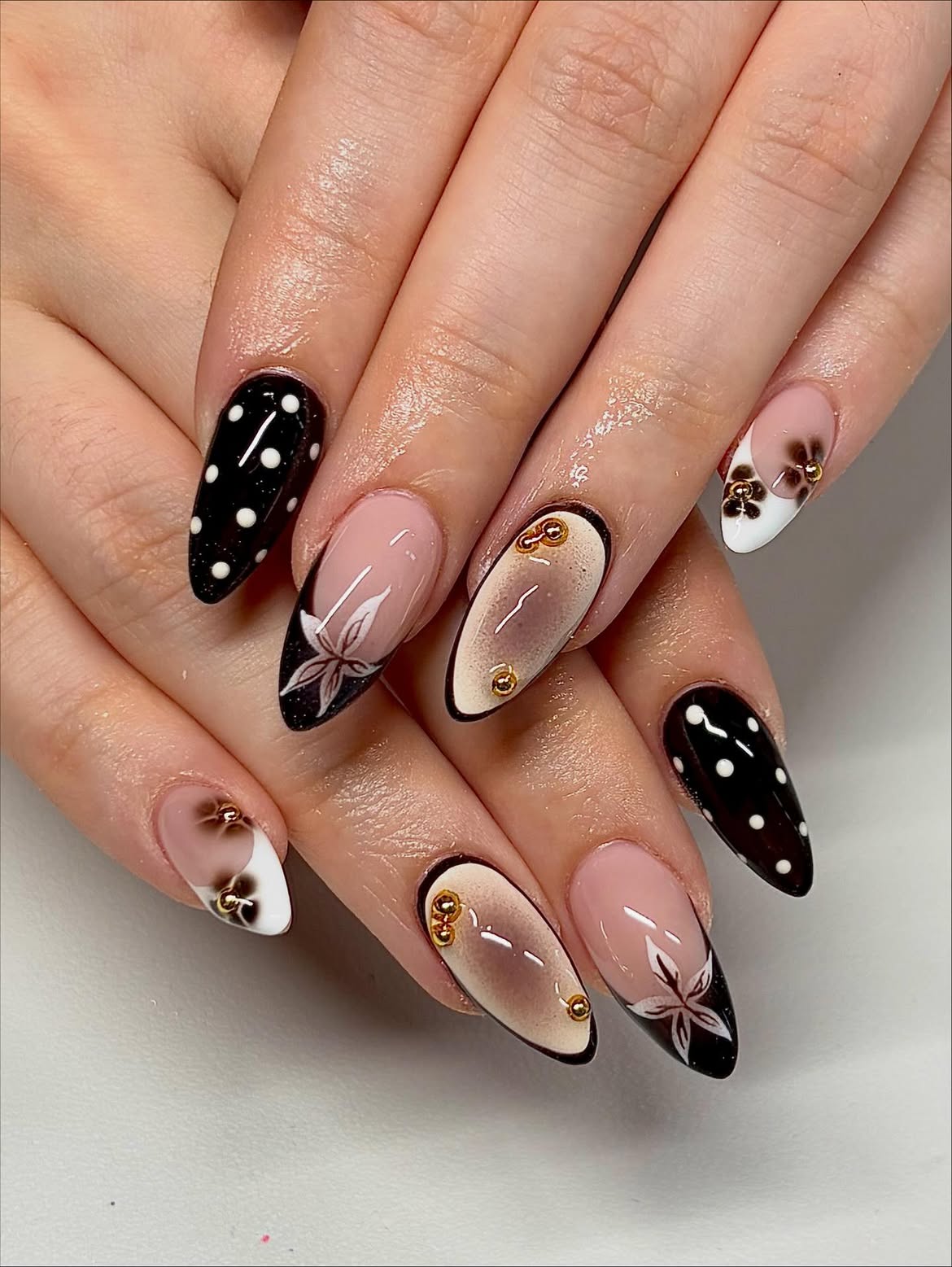 Gothic Romance Almond Nails with Polka Dots