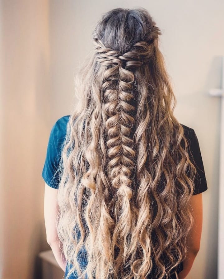 Half Up French Braid With Wavy Long Hair