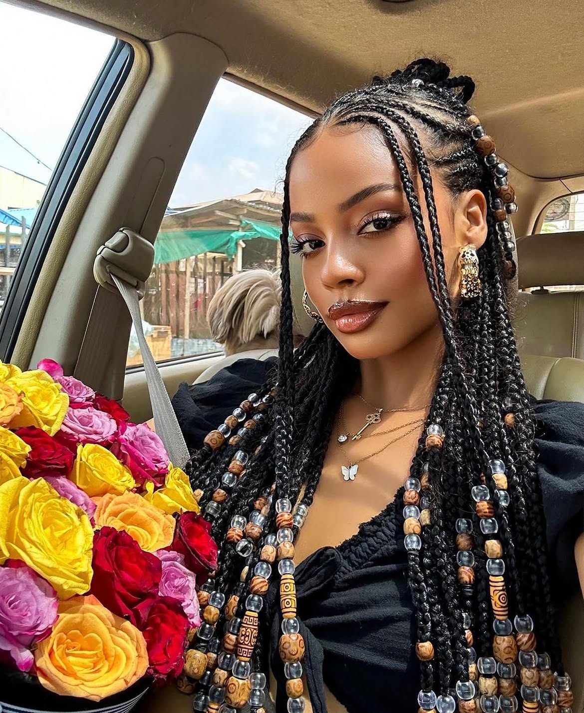 Half Up Fulani Braids With Wooden Beads