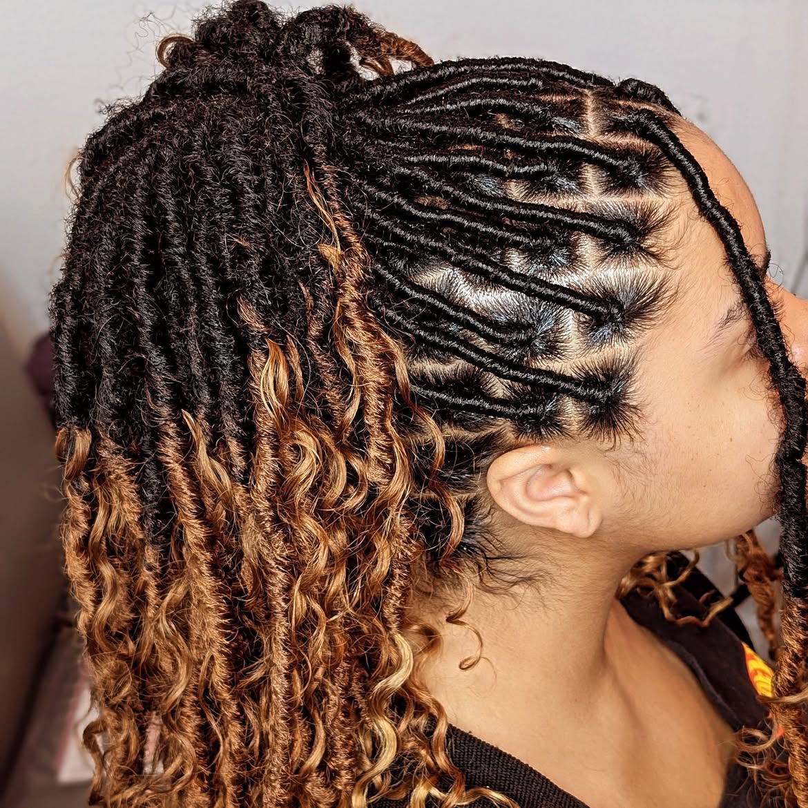 Half Up High Pony Faux Locs With Curly Ends