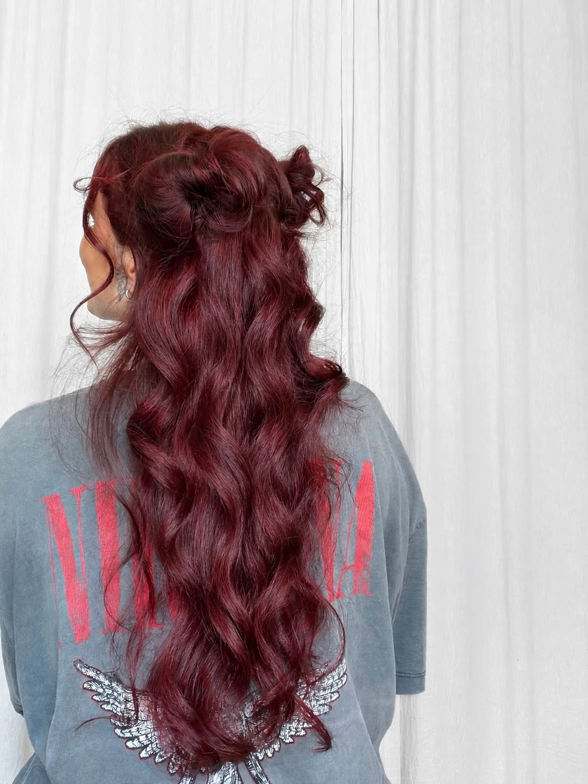 Half Up Space Buns On Deep Burgundy Waves
