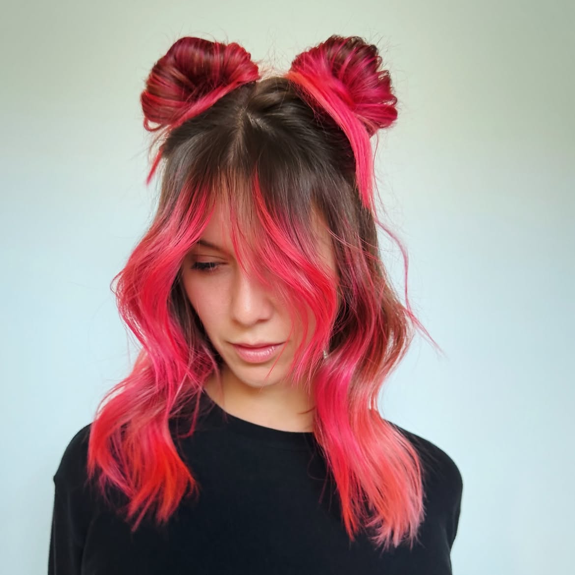 Half Up Space Buns With Hot Pink Highlights
