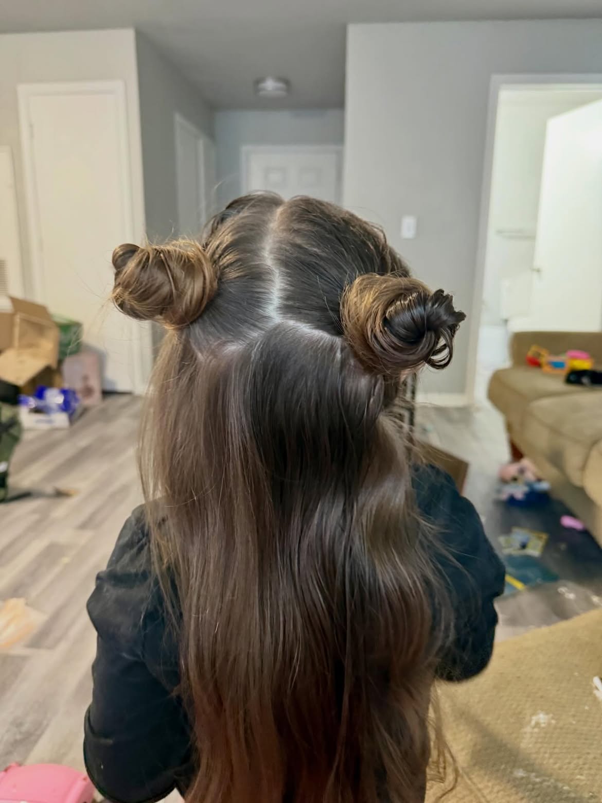 Half Up Space Buns With Natural Brown Waves