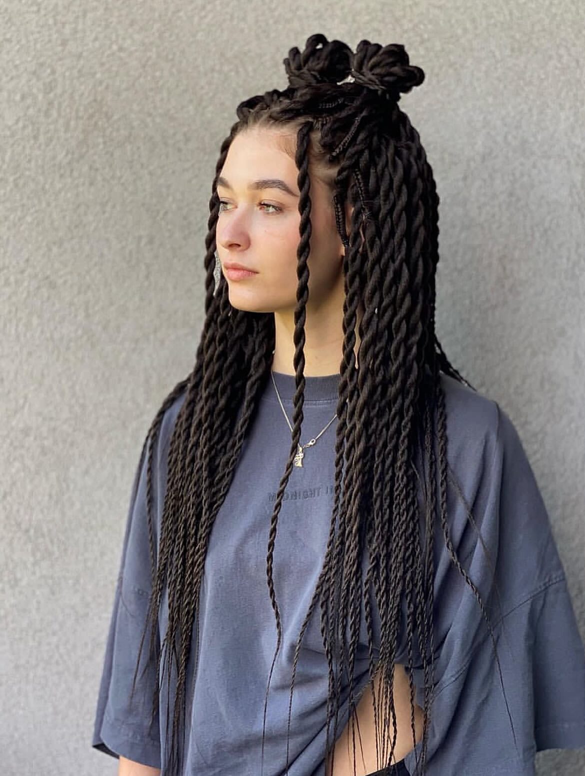 Half Up Twist Braids With Double Top Knot