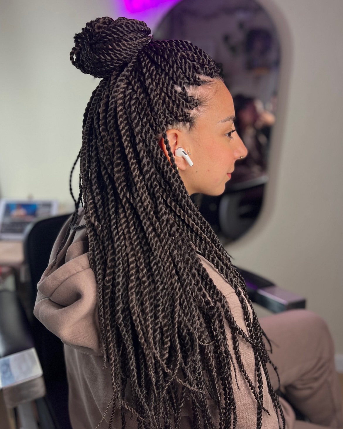 Half Up Twist Braids With Sleek Top Knot