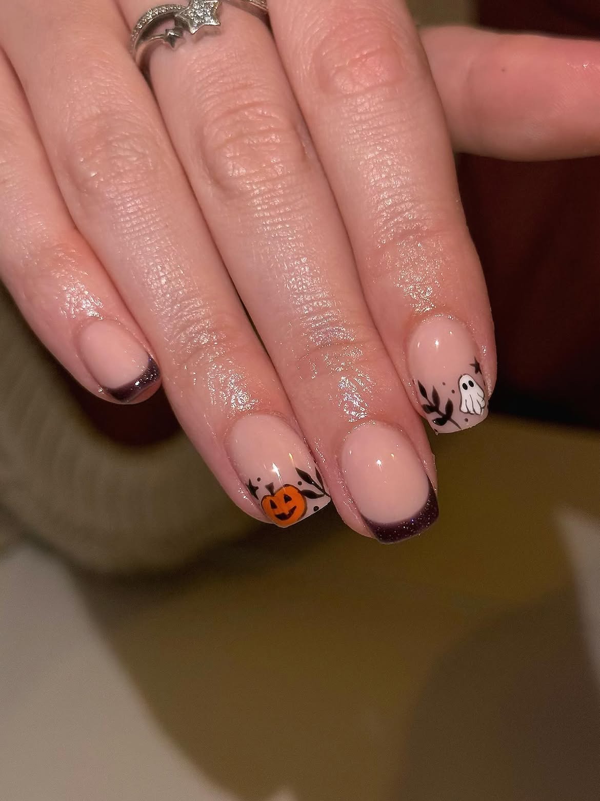 Halloween French Tips With Cute Ghost and Pumpkin Art