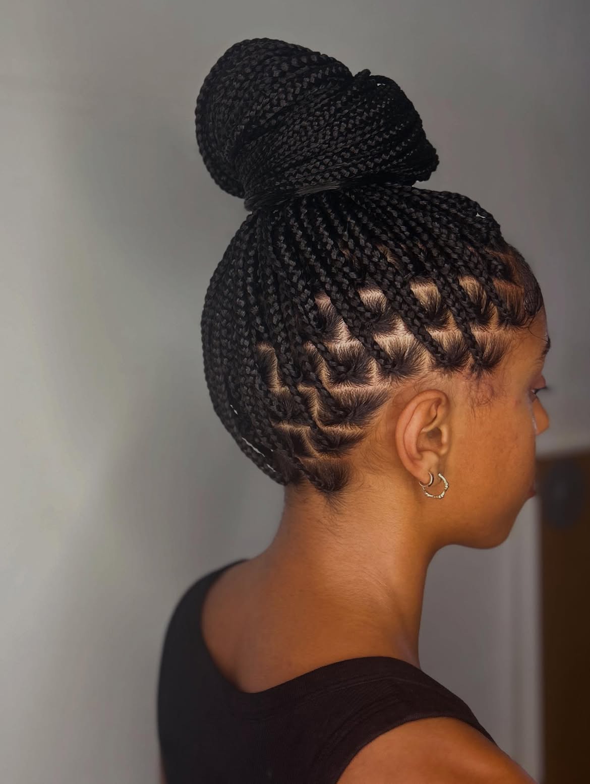 High Bun Knotless Braids With Box Parting