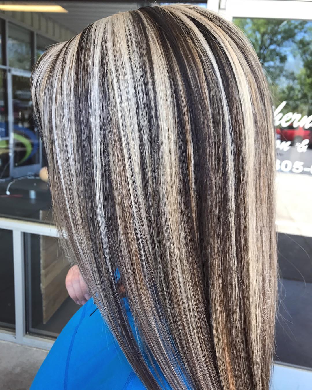 High Contrast Chunky Highlights On Sleek Straight Hair