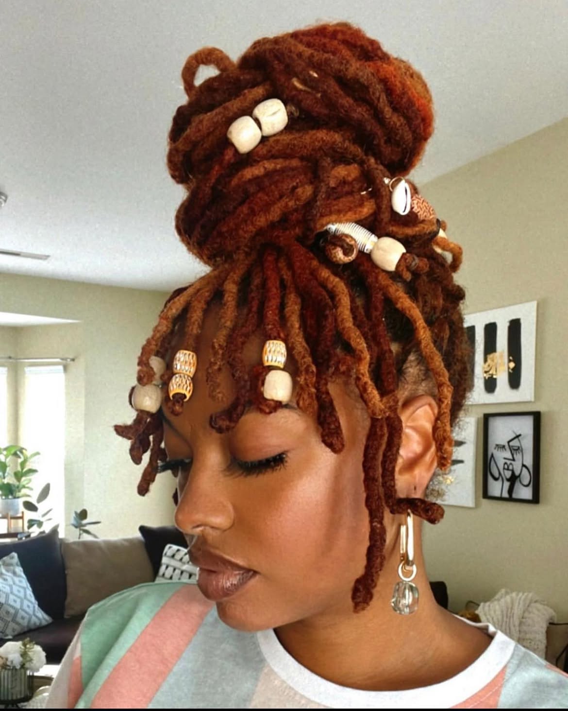 High Messy Bun With Decorated Copper Locs
