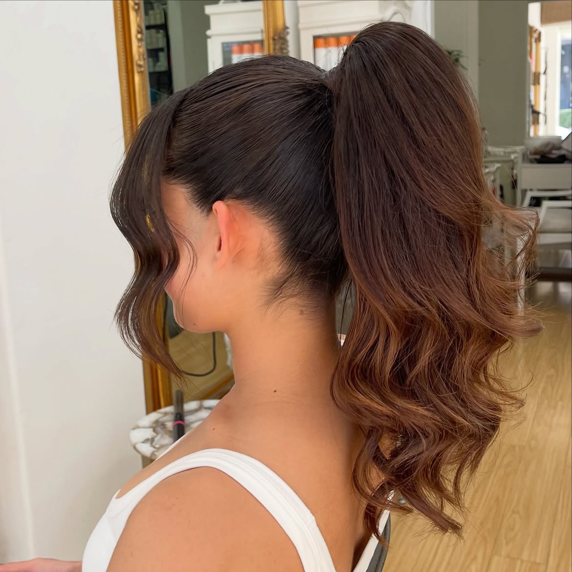 High Sleek Ponytail With Face Framing Waves