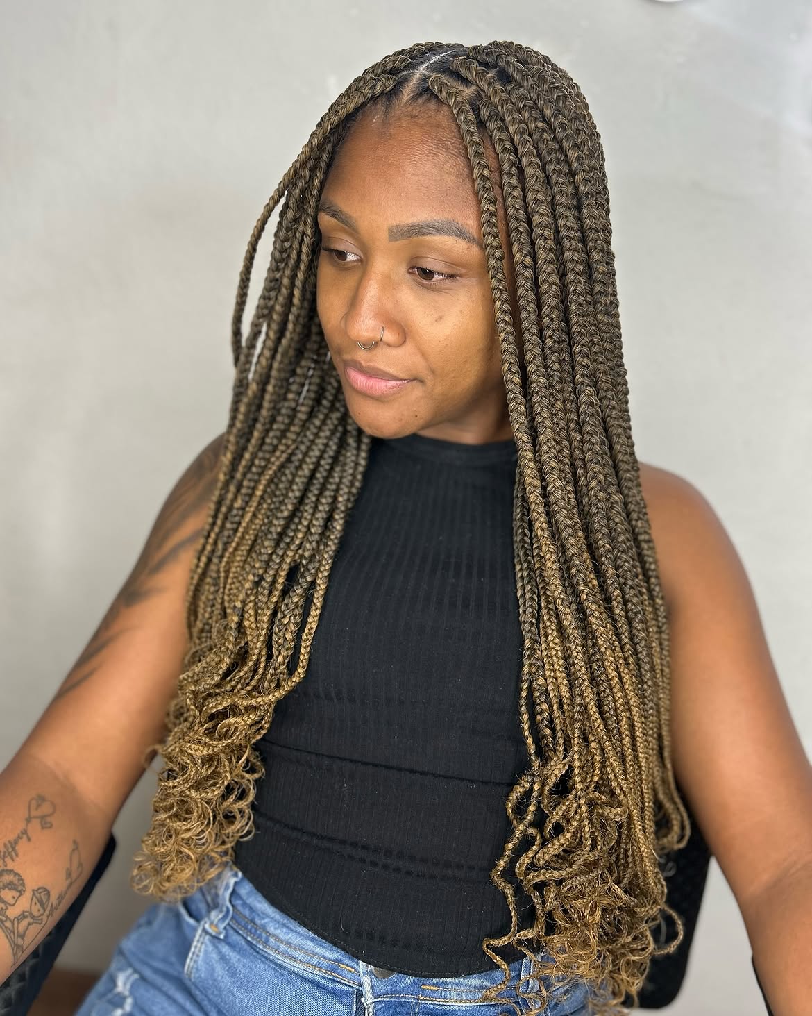 Honey Blonde Knotless Braids With Curly Ends