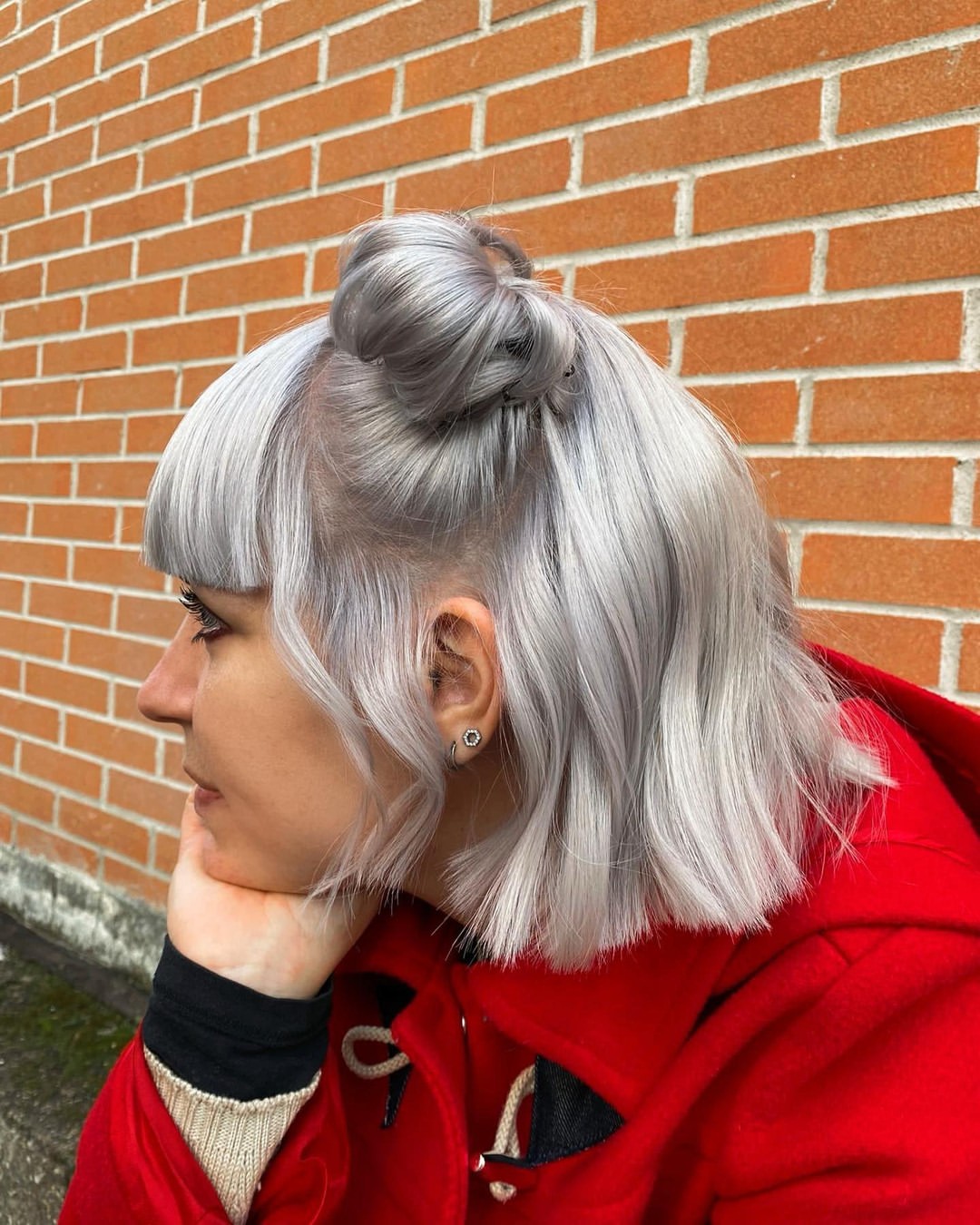 Icy Silver Half Up Space Buns With Blunt Bangs