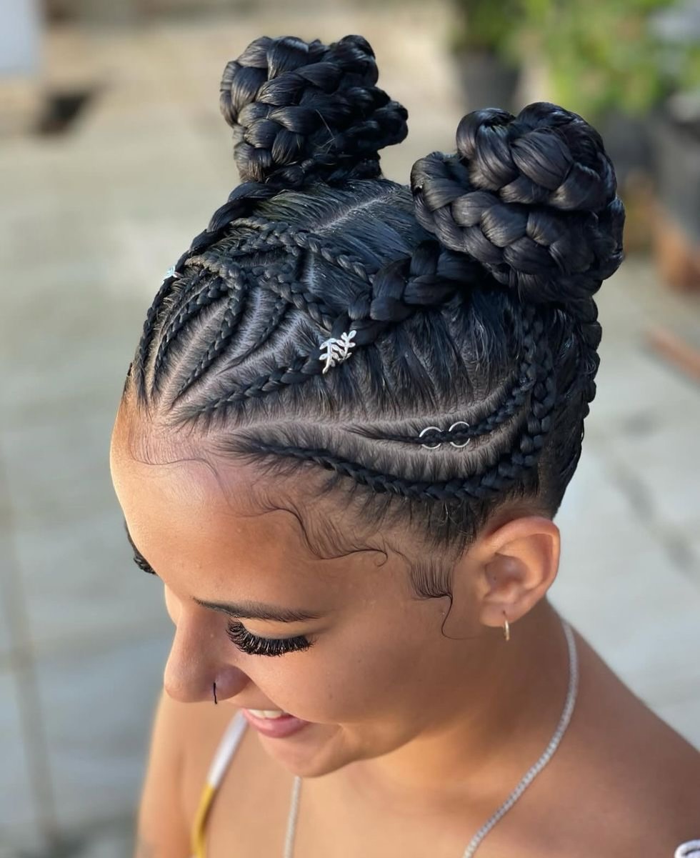 Intricate Geometric Cornrow Buns With Silver Accents