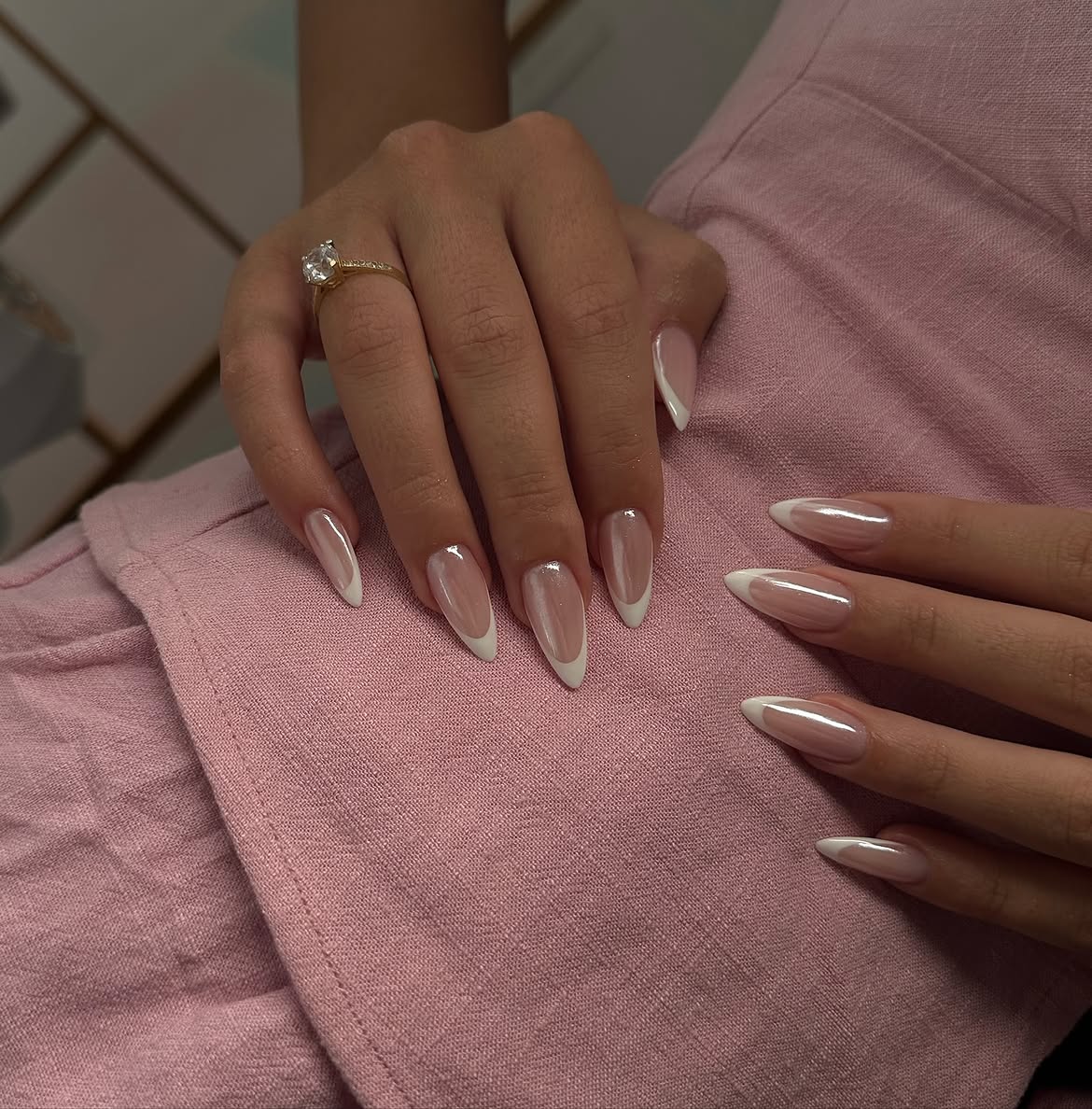 Iridescent Chrome French Tip Almond Nails