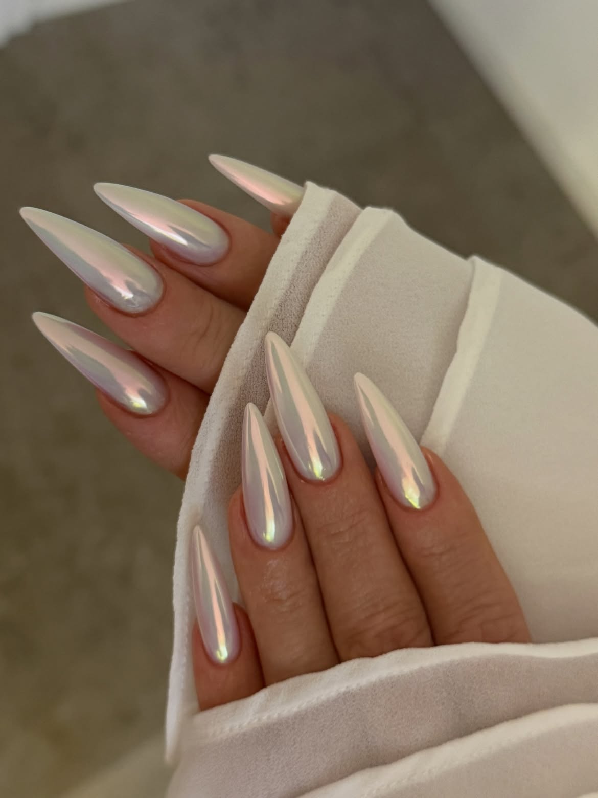 Iridescent Pearl Chrome Stiletto Nails