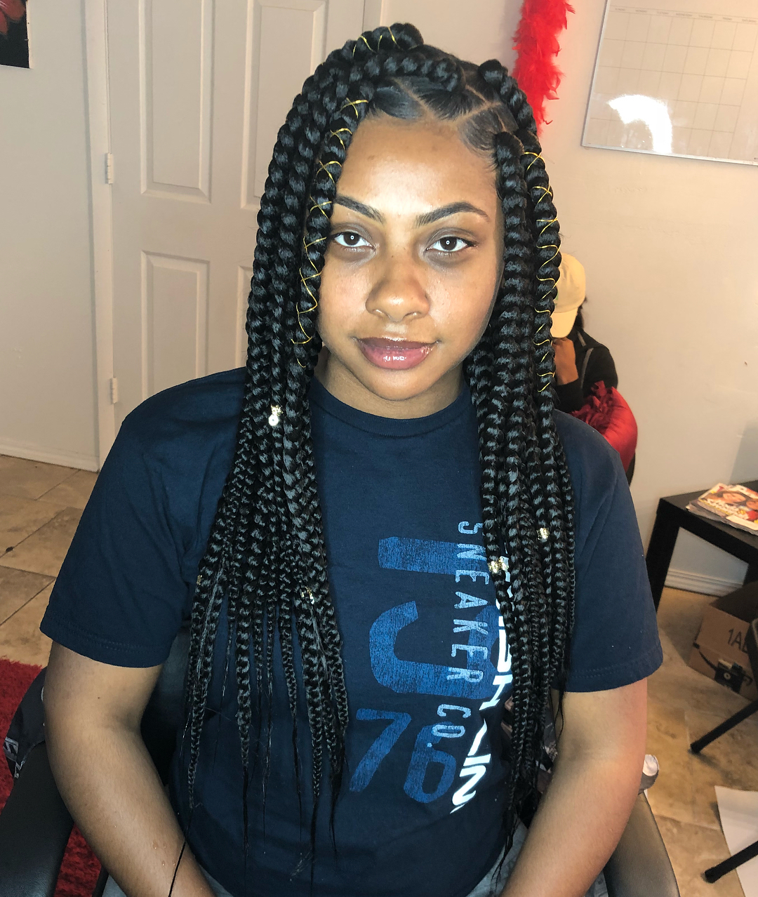Jumbo Box Braids With Metallic Gold Cord Accents