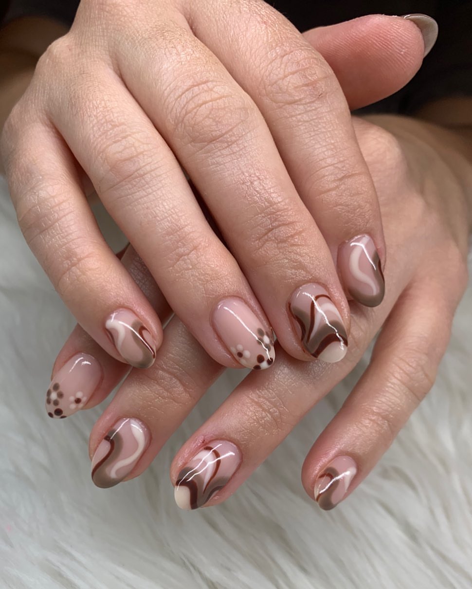 Latte Swirl and Dot Art Oval Nails