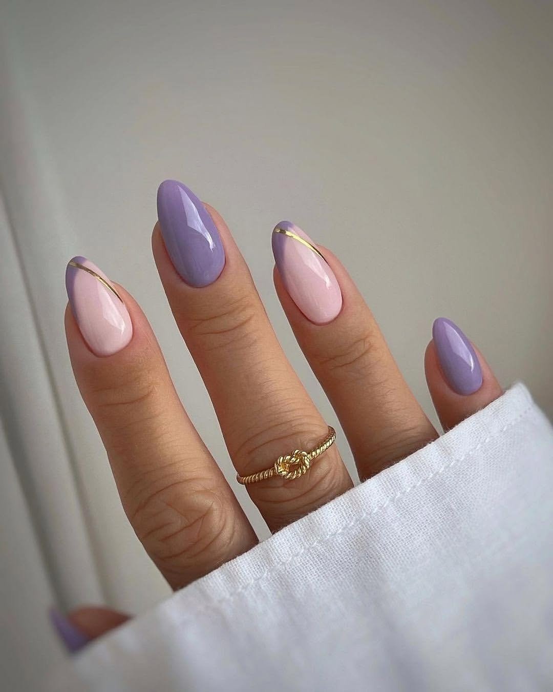 Lavender and Blush Almond Nails with Gold Line Detail