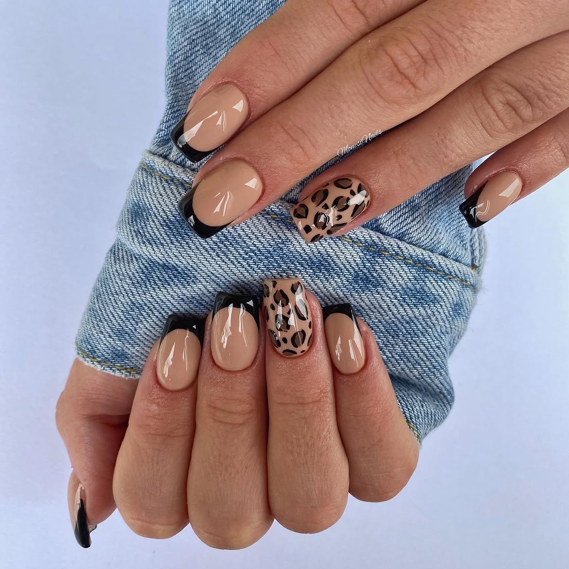 Leopard Print Black French Tip Nails