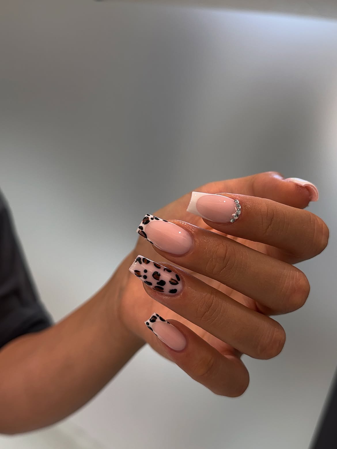 Leopard Print French Tip Coffin Nails with Rhinestones