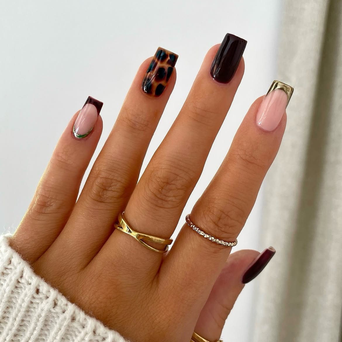 Leopard Print & Gold French Tip Nails