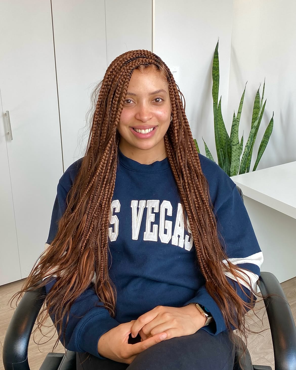 Long Auburn Knotless Braids With Deep Side Part