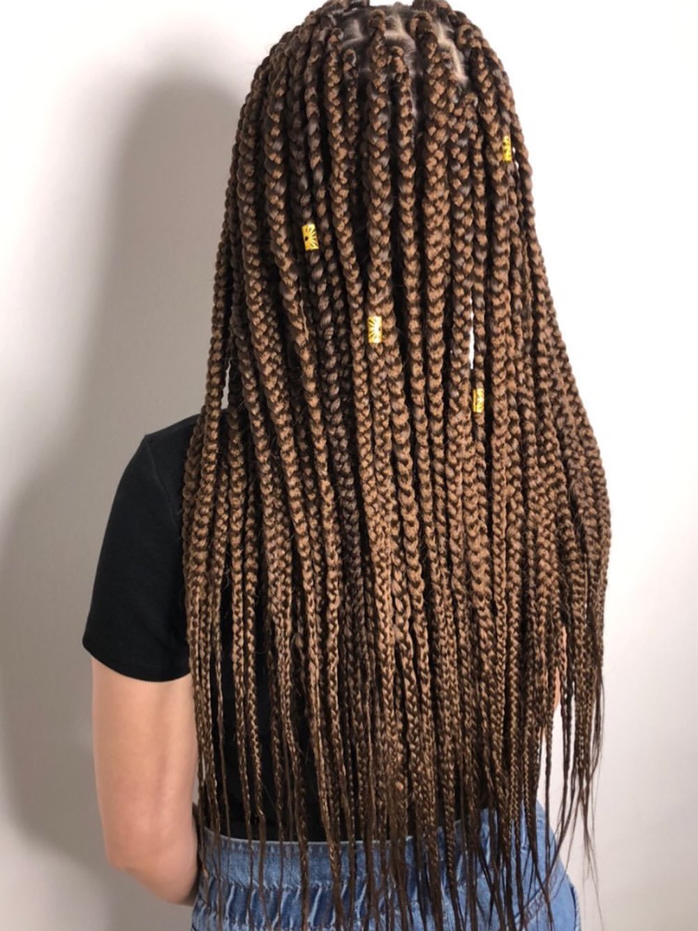 Long Chestnut Brown Box Braids With Gold Cuffs