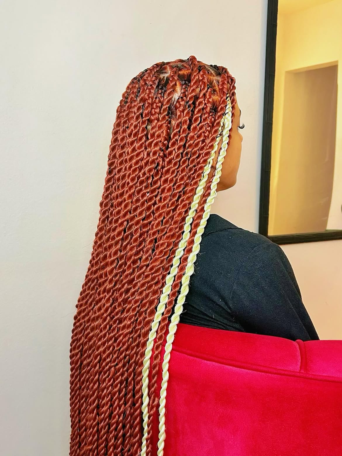 Long Copper Senegalese Twists With Blonde Highlights