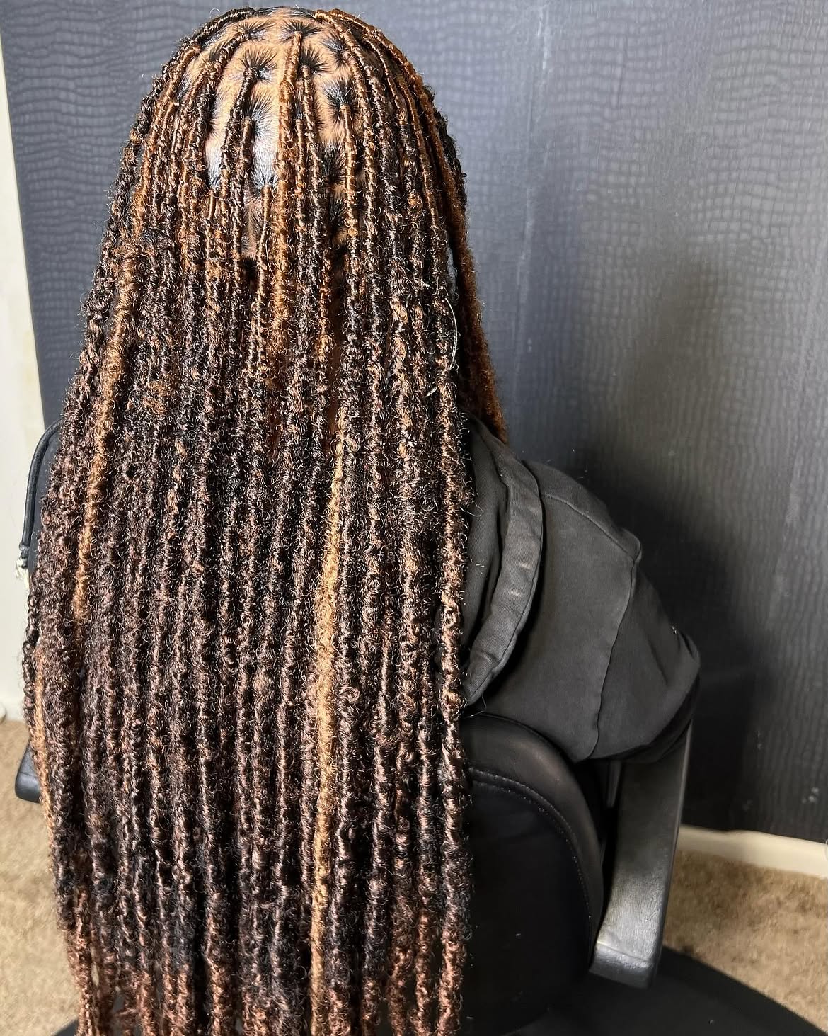 Long Distressed Faux Locs With Caramel Highlights