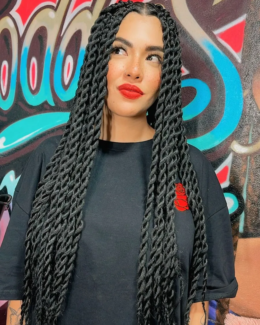 Long Jet Black Rope Twist Braids Style