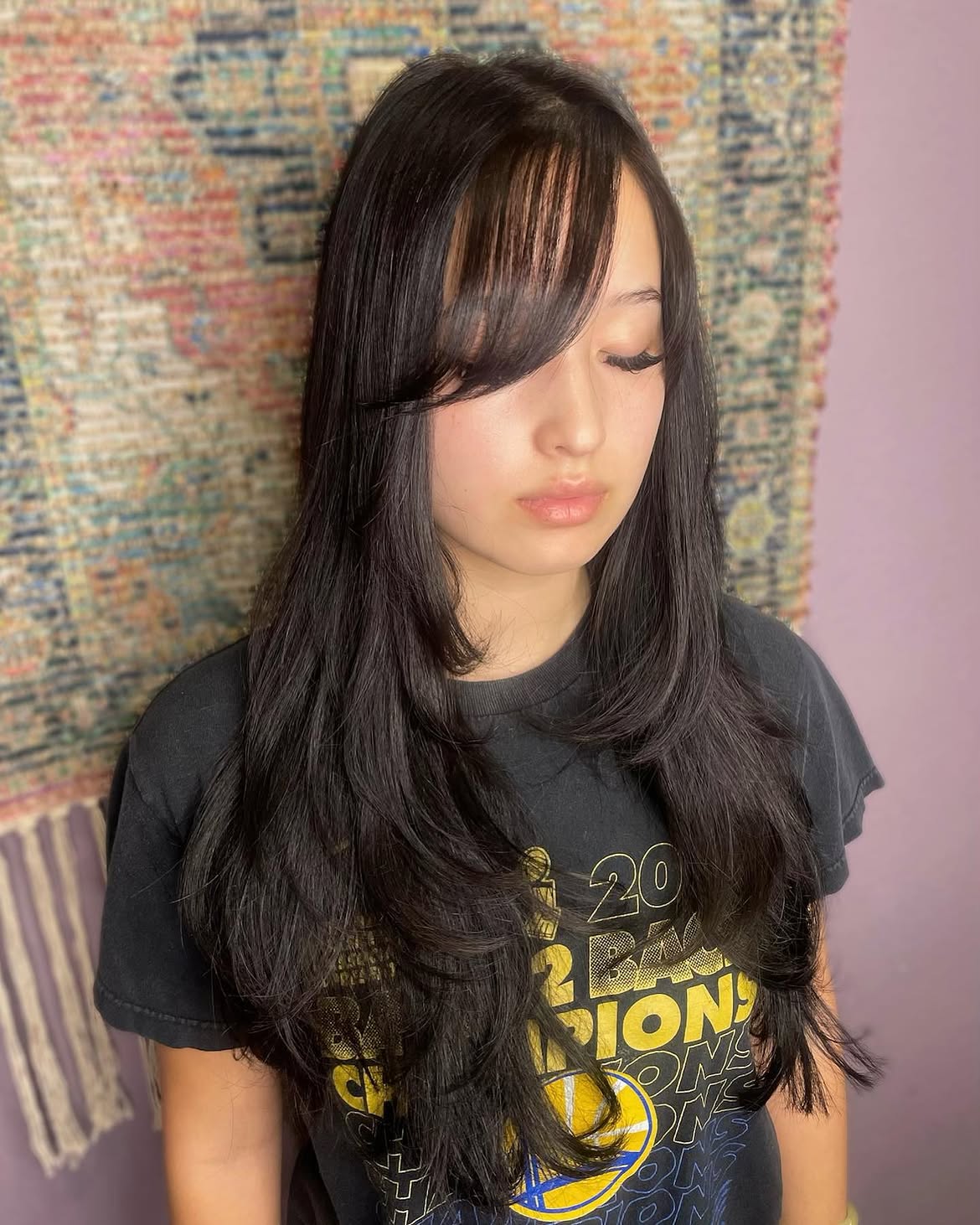 Long Layered Espresso Hair With Side Swept Bangs