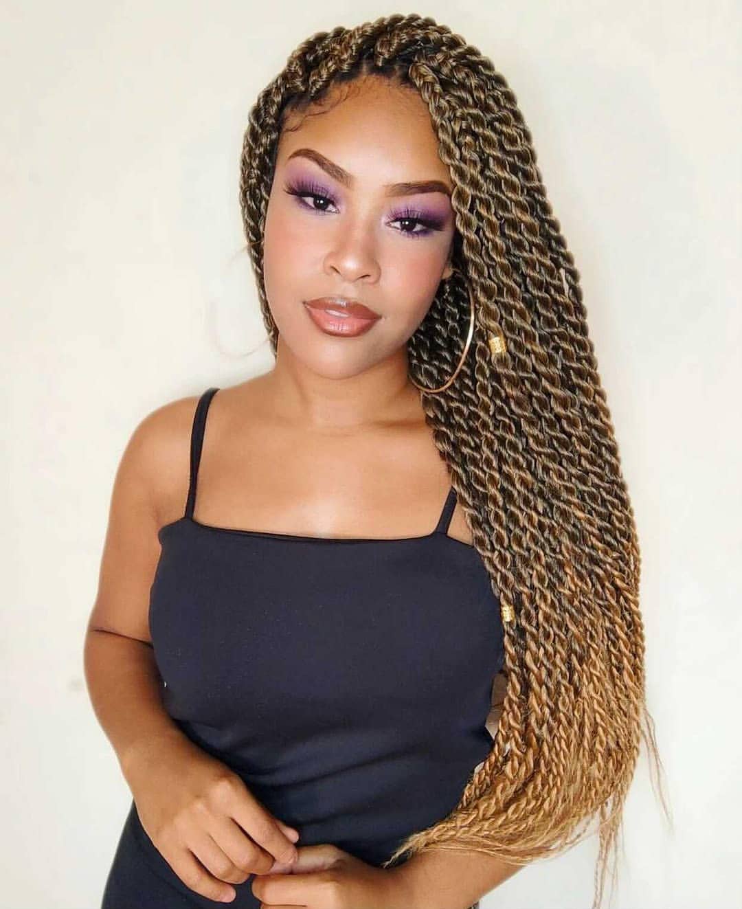 Long Ombre Senegalese Twist Braids With Gold Accents
