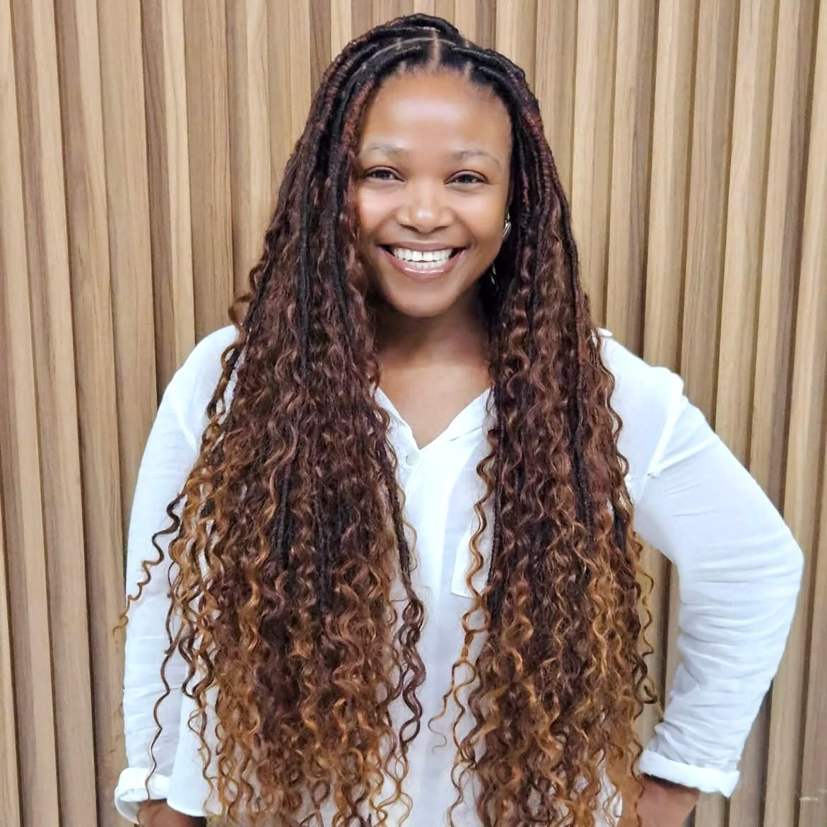 Long Wavy Goddess Faux Locs With Caramel Highlights