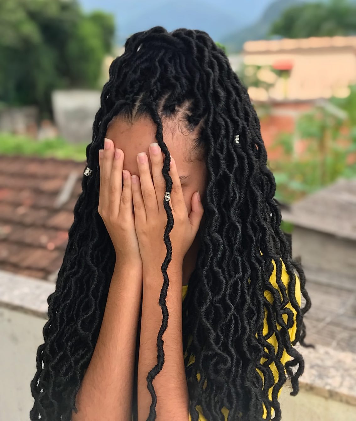 Long Wavy Jet Black Faux Locs With Silver Cuffs