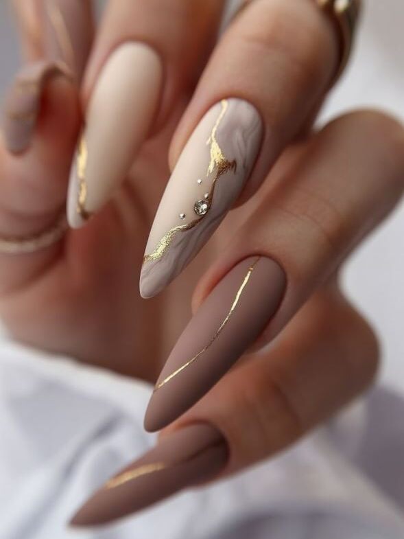 Marble Swirl Matte Stiletto Nails with Gold Accents