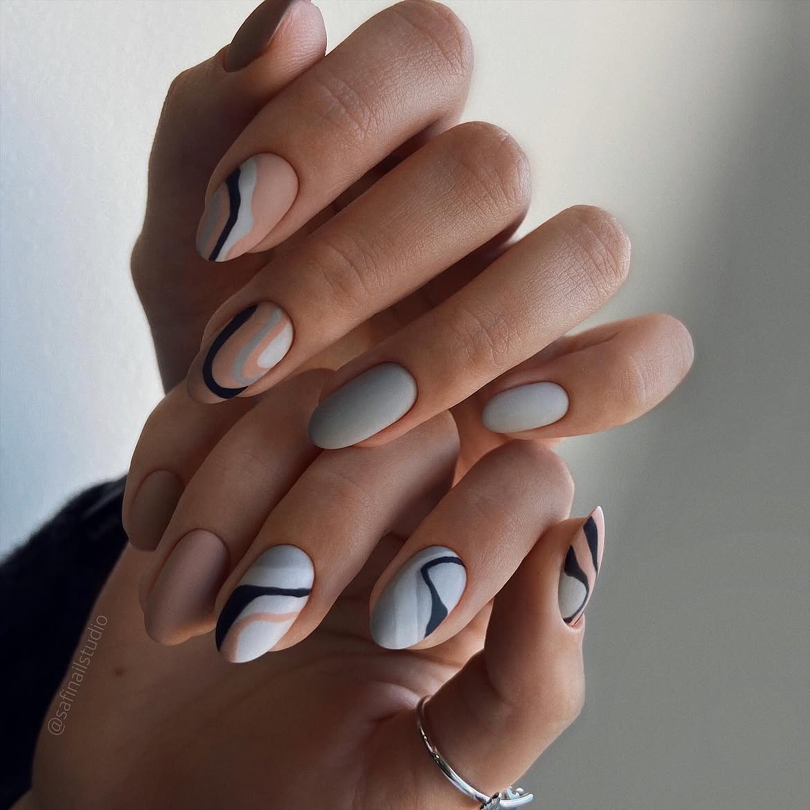 Matte Abstract Swirl Almond Nails
