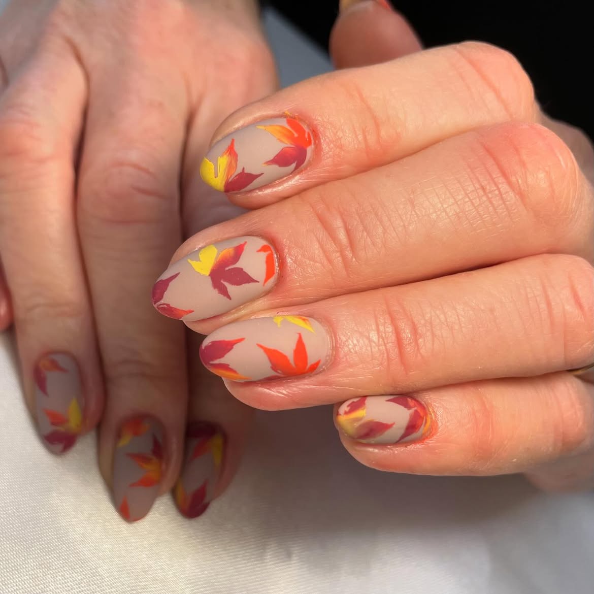 Matte Beige Autumn Leaf Nail Art