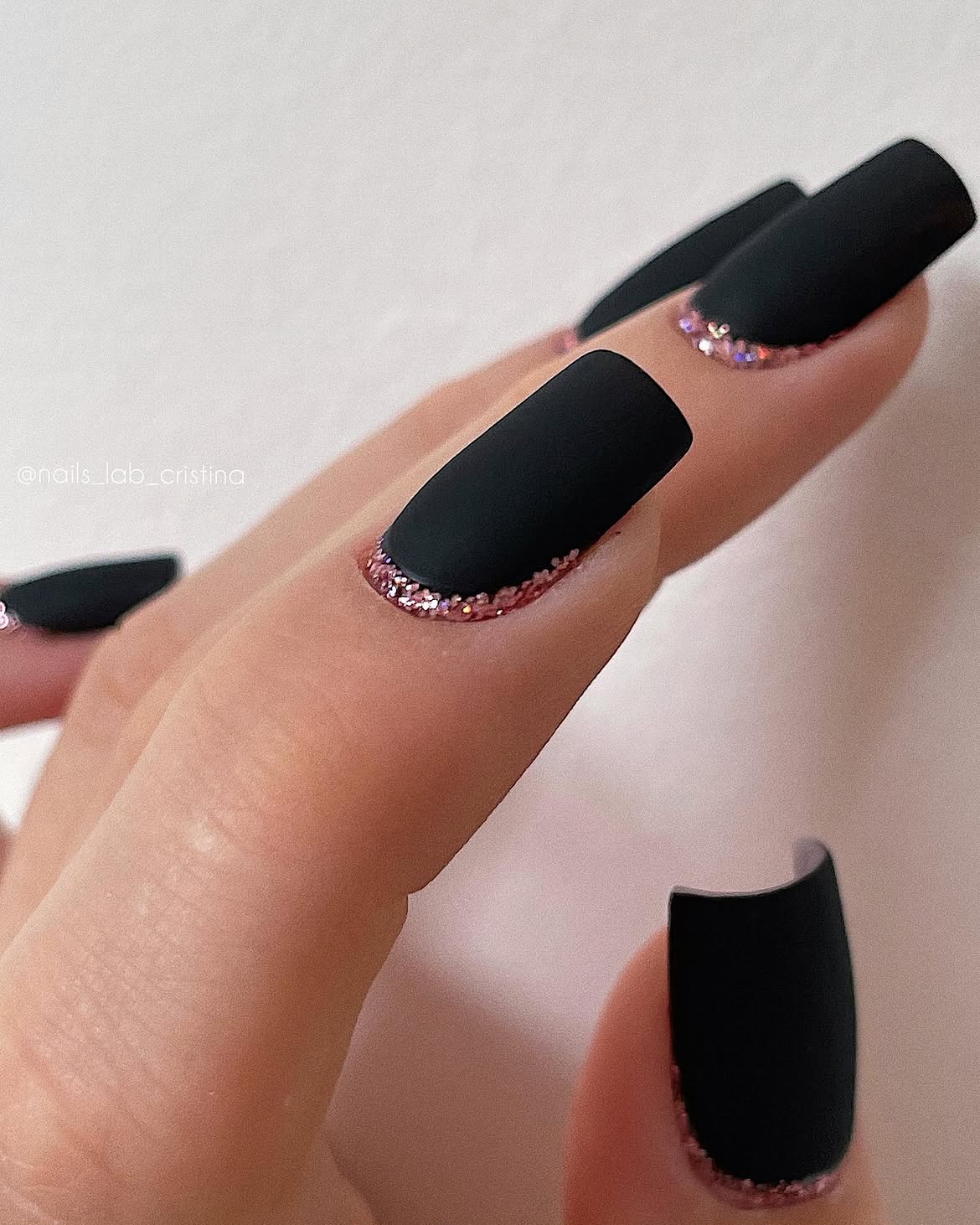 Matte Black Nails With Glitter French Accent