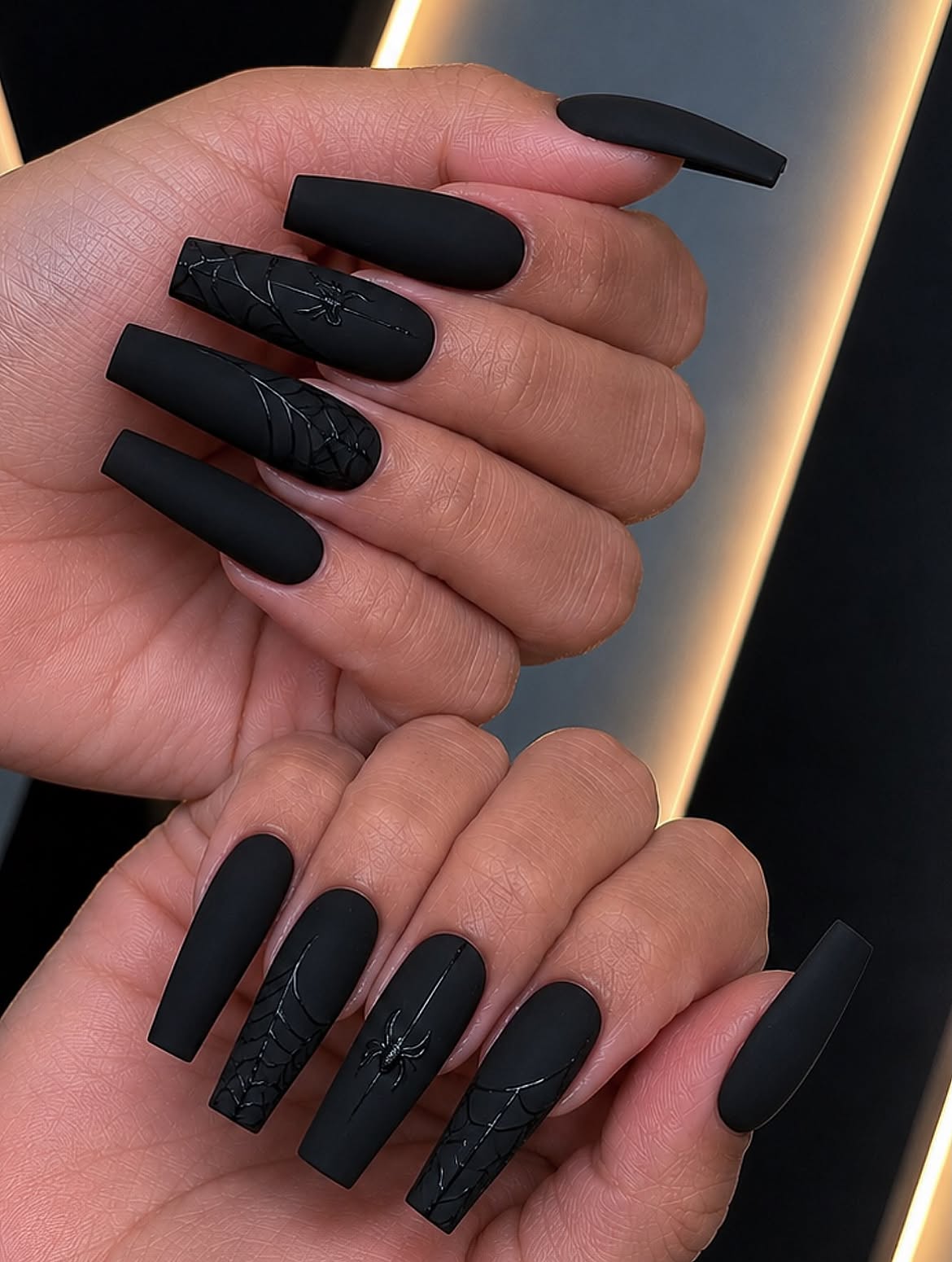 Matte Black Spiderweb Coffin Nails