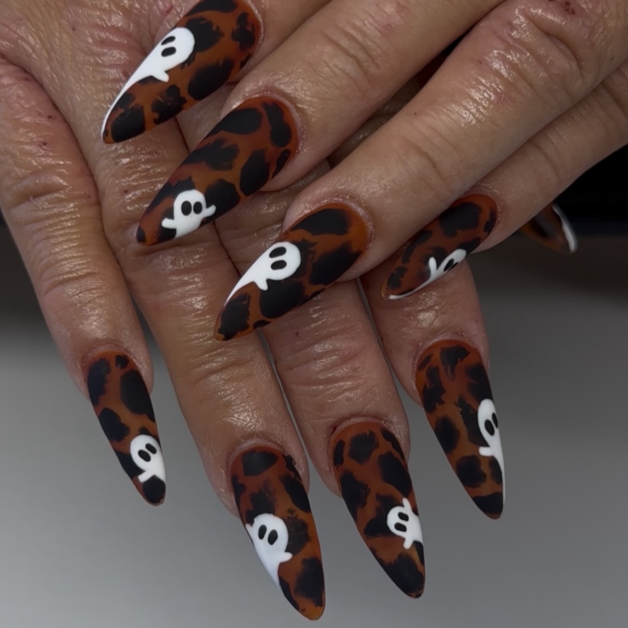 Matte Leopard Print Ghost Halloween Stiletto Nails