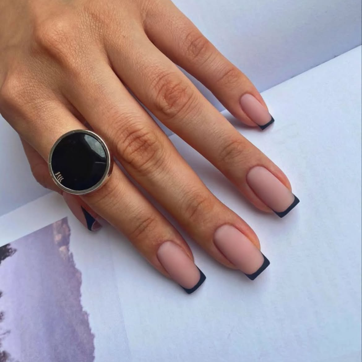 Matte Nude French with Black Tips