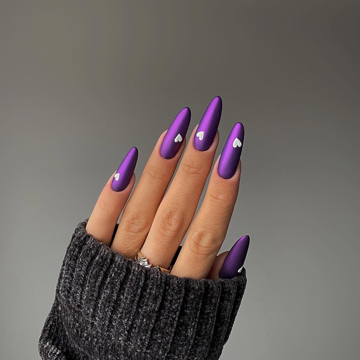 Matte Royal Purple Stiletto Nails with White Hearts