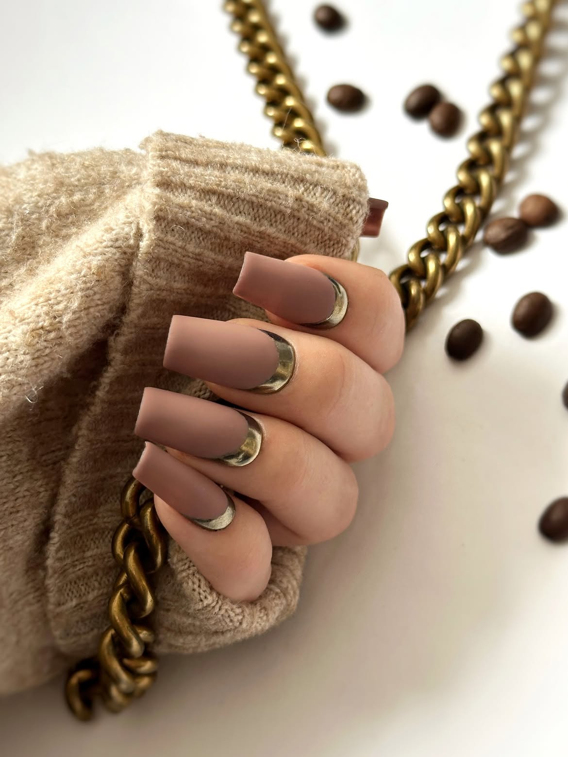Matte Taupe French Tip Nails with Gold Accent