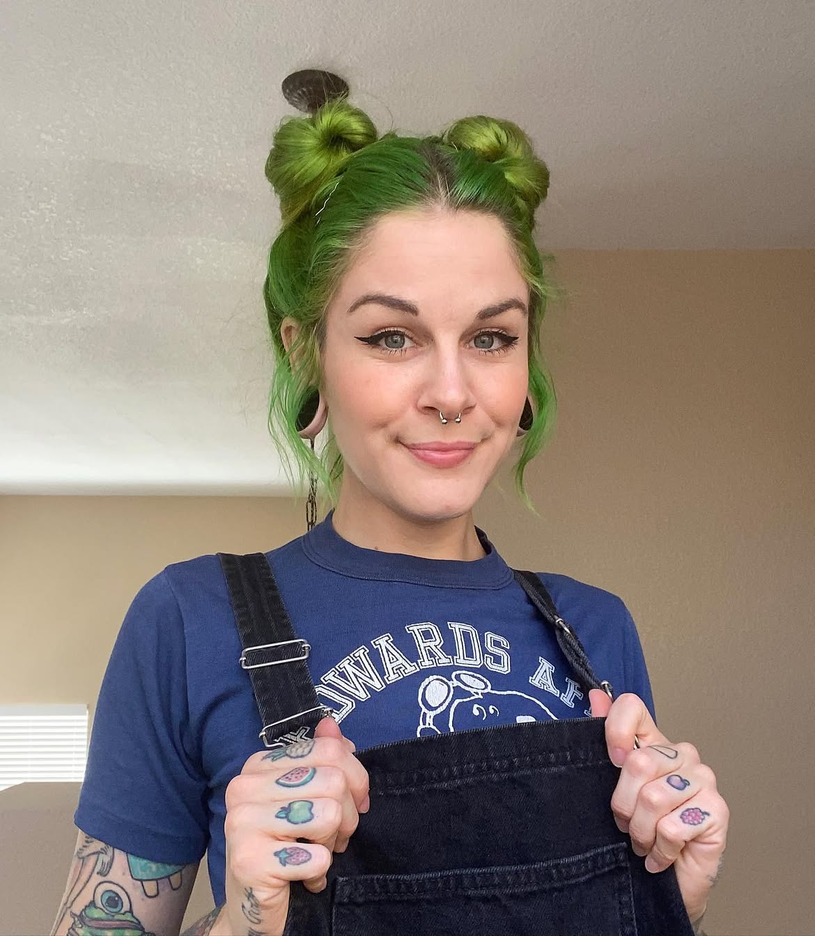 Messy Lime Green Space Buns With Face Framing Pieces