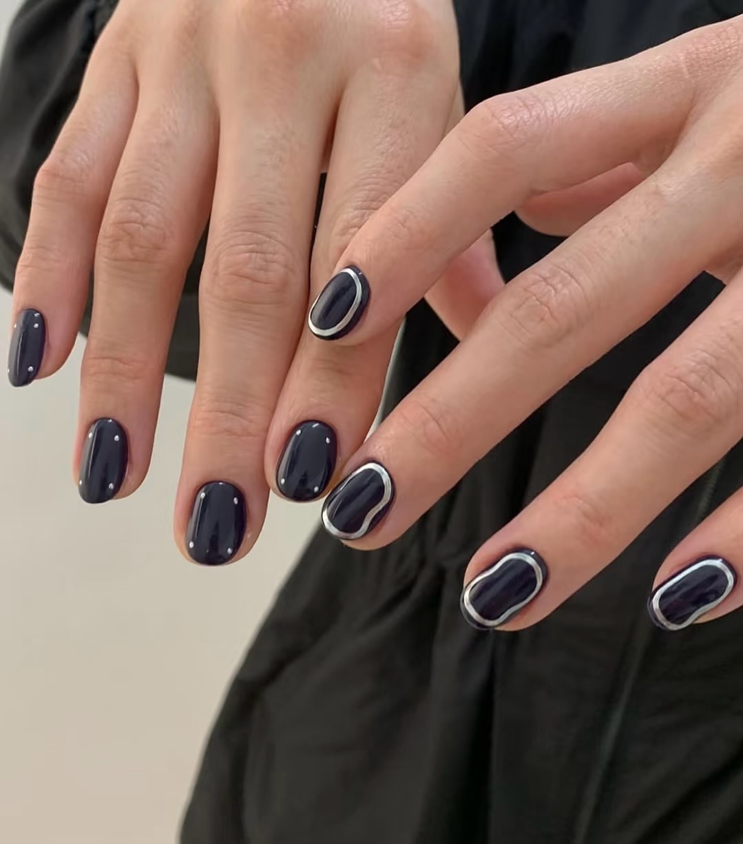 Midnight Blue Abstract Silver Outline Nails