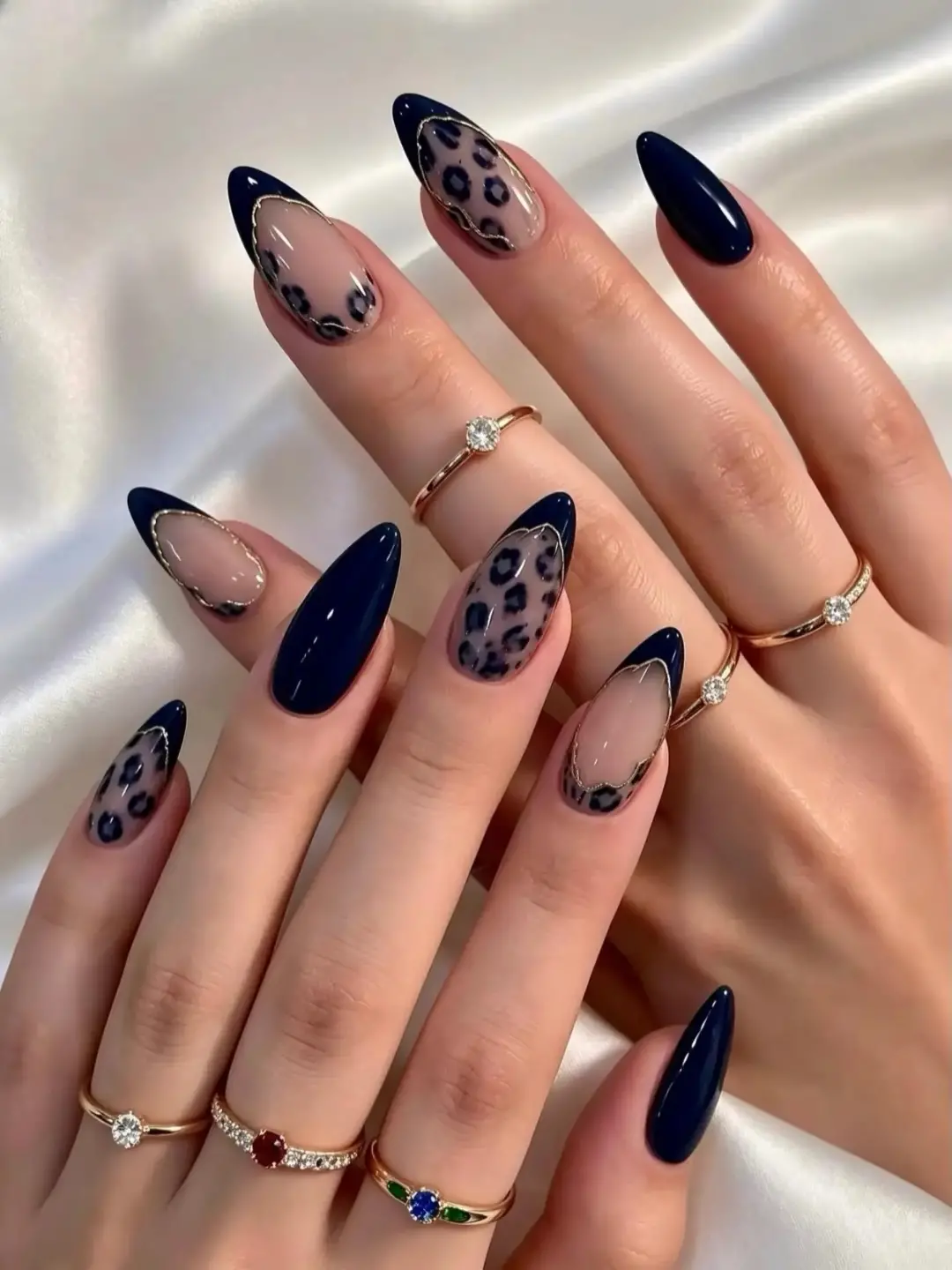 Midnight Leopard French Almond Nails