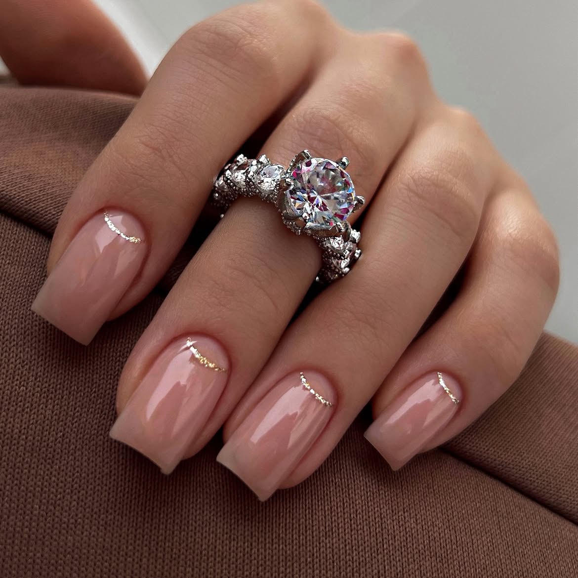 Milky Nude French with Gold Crescent Detail